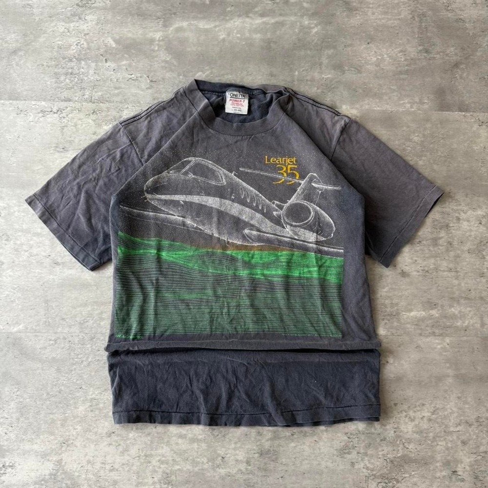 Y2K Vintage 90s Slim Oneita Learjet 35 Aviation 1987 Graphic Tee